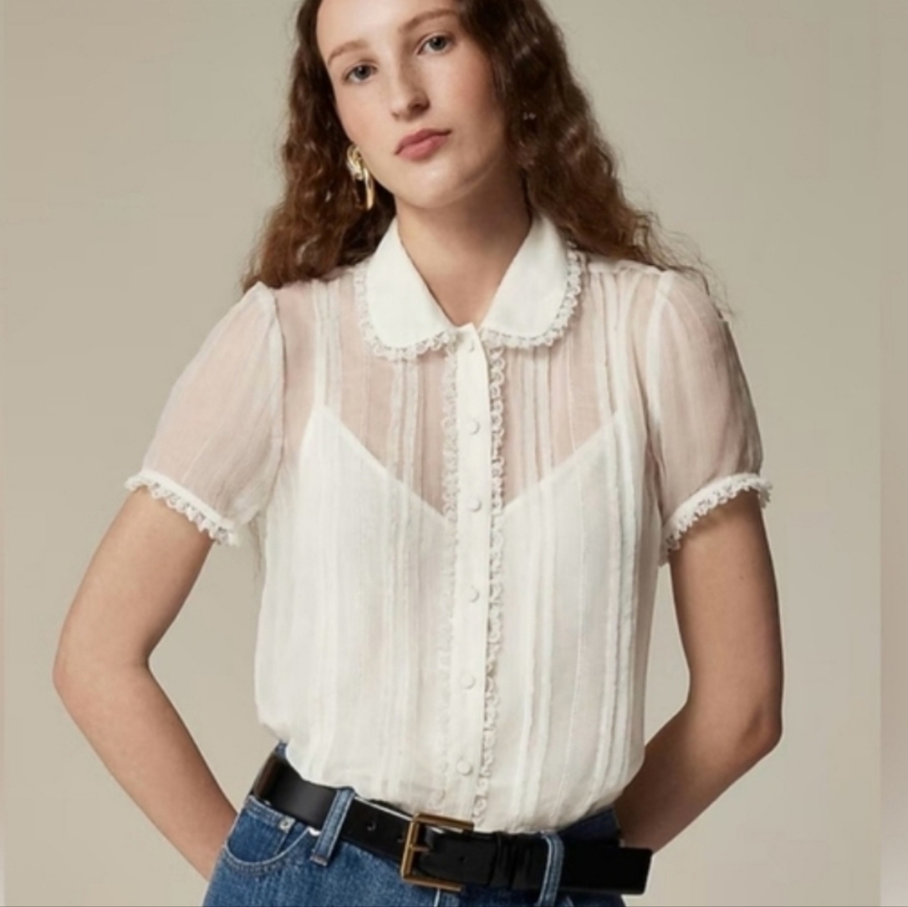 J. CREW Vintage Inspired Button Up Lace Trim Sheer Blouse In Ivory NWT 4